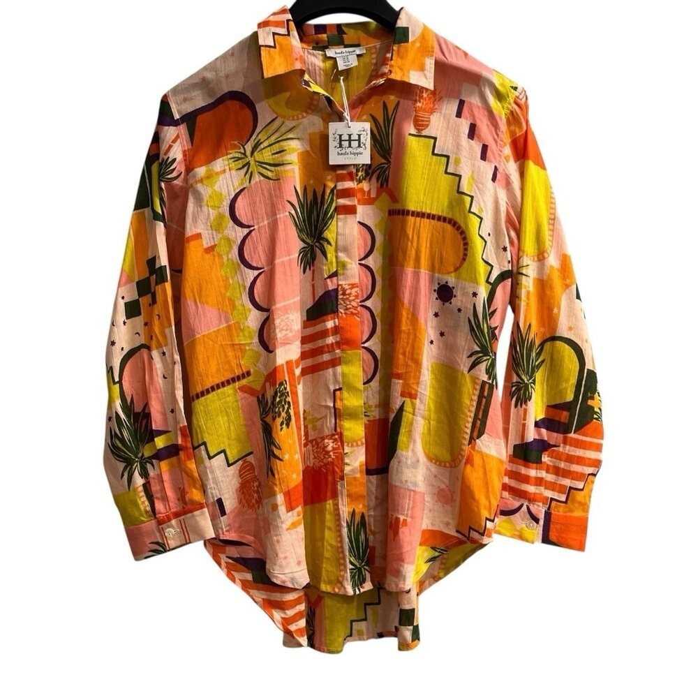 Haute‎ Hippie Style Cotton Abstract Desert Palm Print Button Down Shirt Womens M